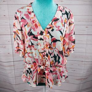 Worthington Floral Sheer Blouse Peplum Top Womens Sz 6 Small Pink White Black